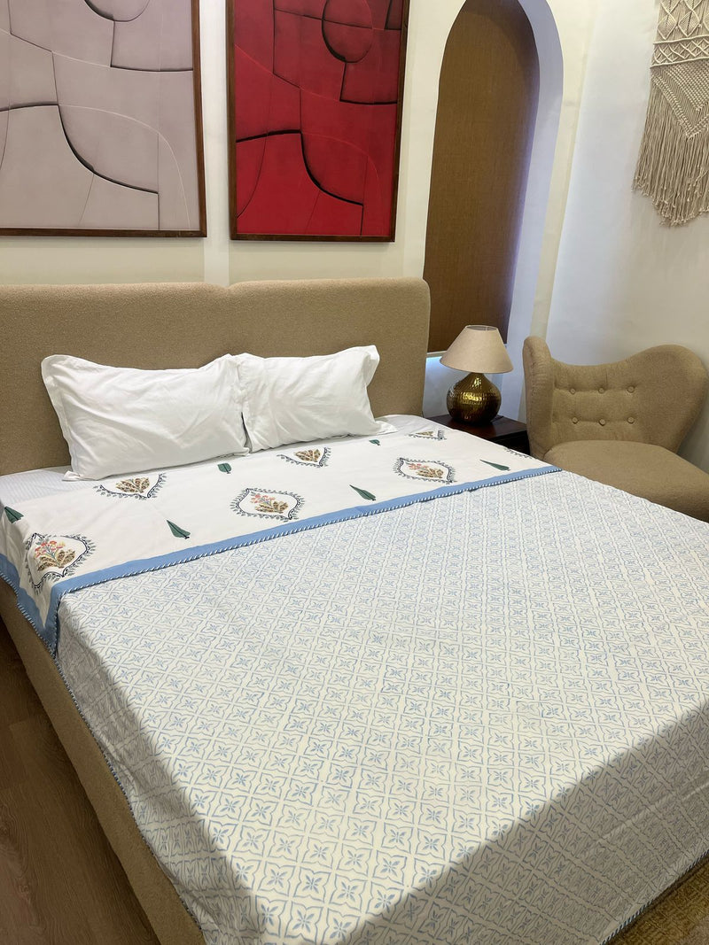Valley Bloom White Reversible Handblock Printed Cotton Double Bed Ac Quilt