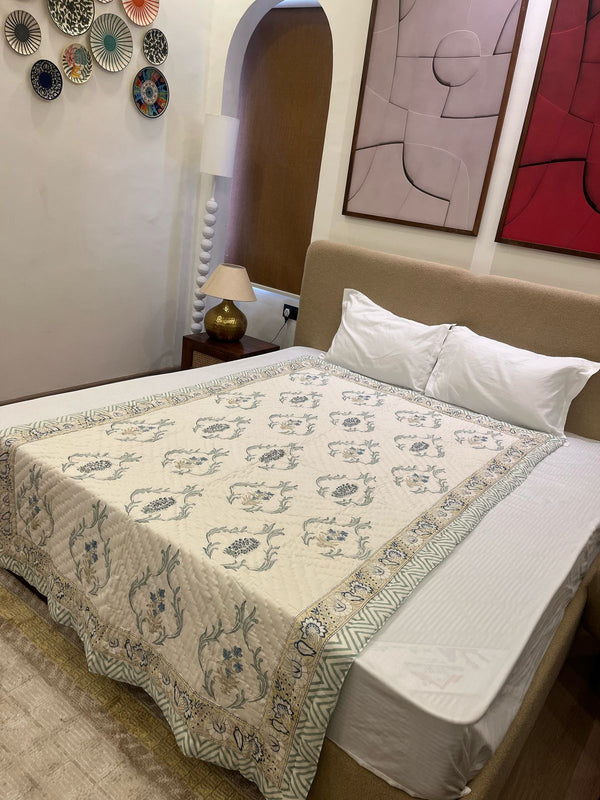 Earthbound Light Green Reversible Handblock Printed Cotton Single Bed Jaipuri Razai