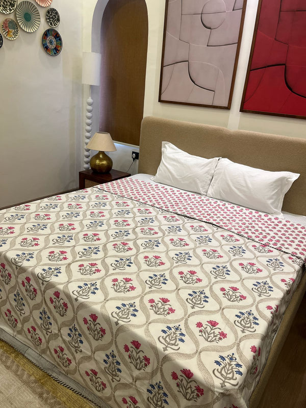 Gulaabi Noor Pink Reversible Handblock Printed Cotton Double Bed Ac Quilt