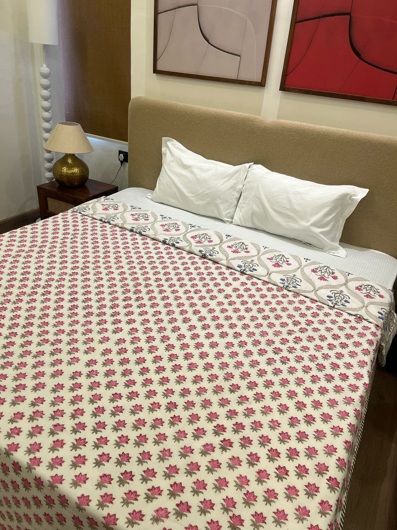 Gulaabi Noor Pink Reversible Handblock Printed Cotton Double Bed Ac Quilt