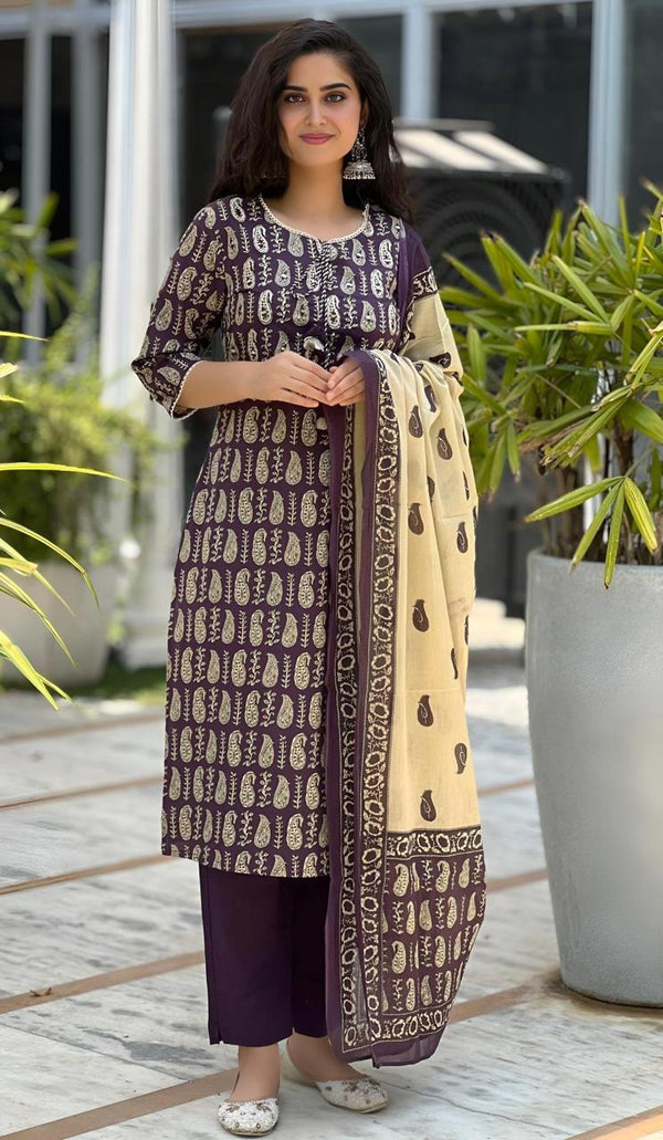 Kalki plum cotton suit set with dupatta