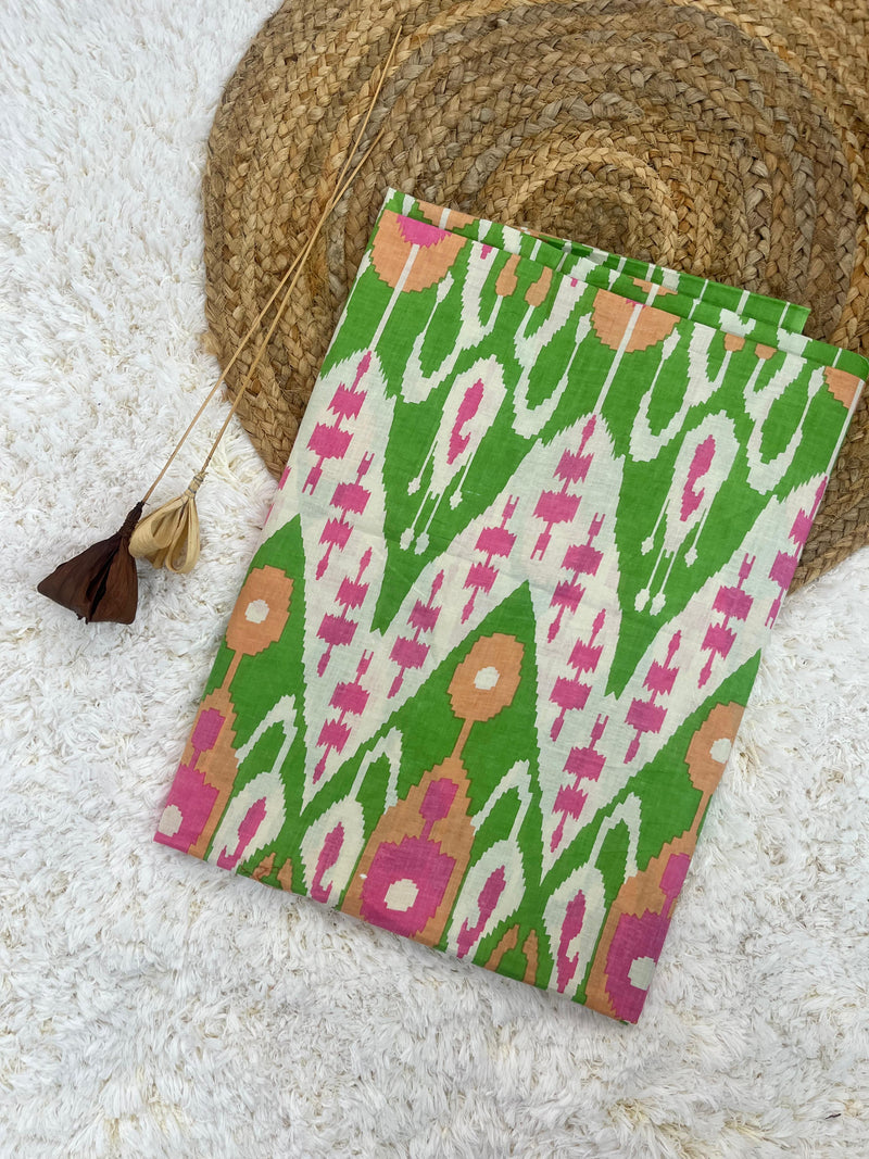 Foresta green ikkat printed cotton fabric(WIDTH 42 INCHES)