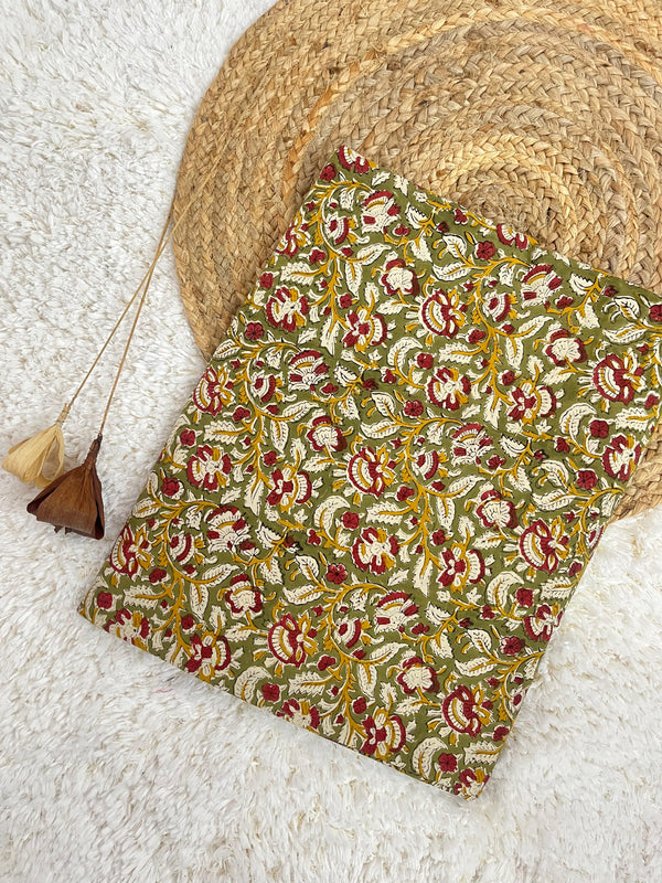 Florist green jaal handblock printed cotton fabric