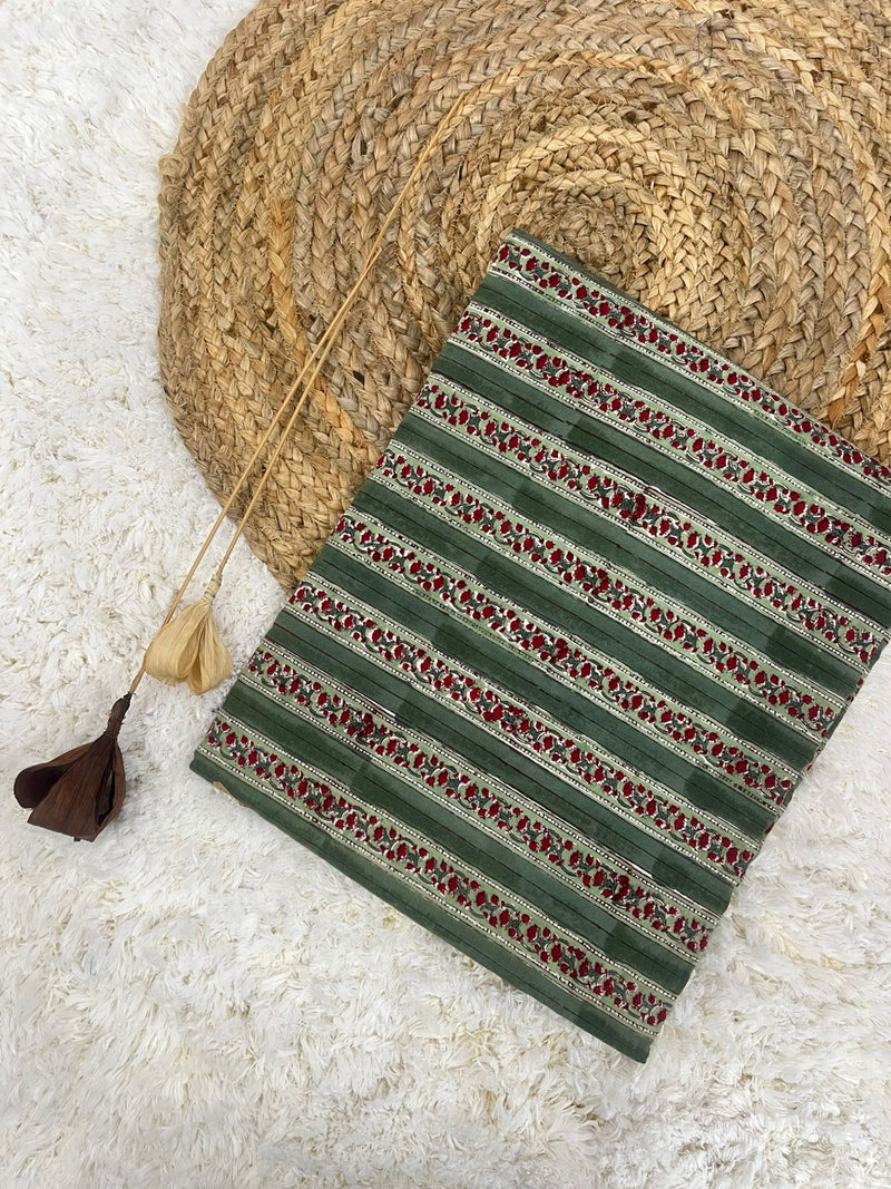 Loren olive green border handblock printed cotton fabric(WIDTH 42 INCHES)