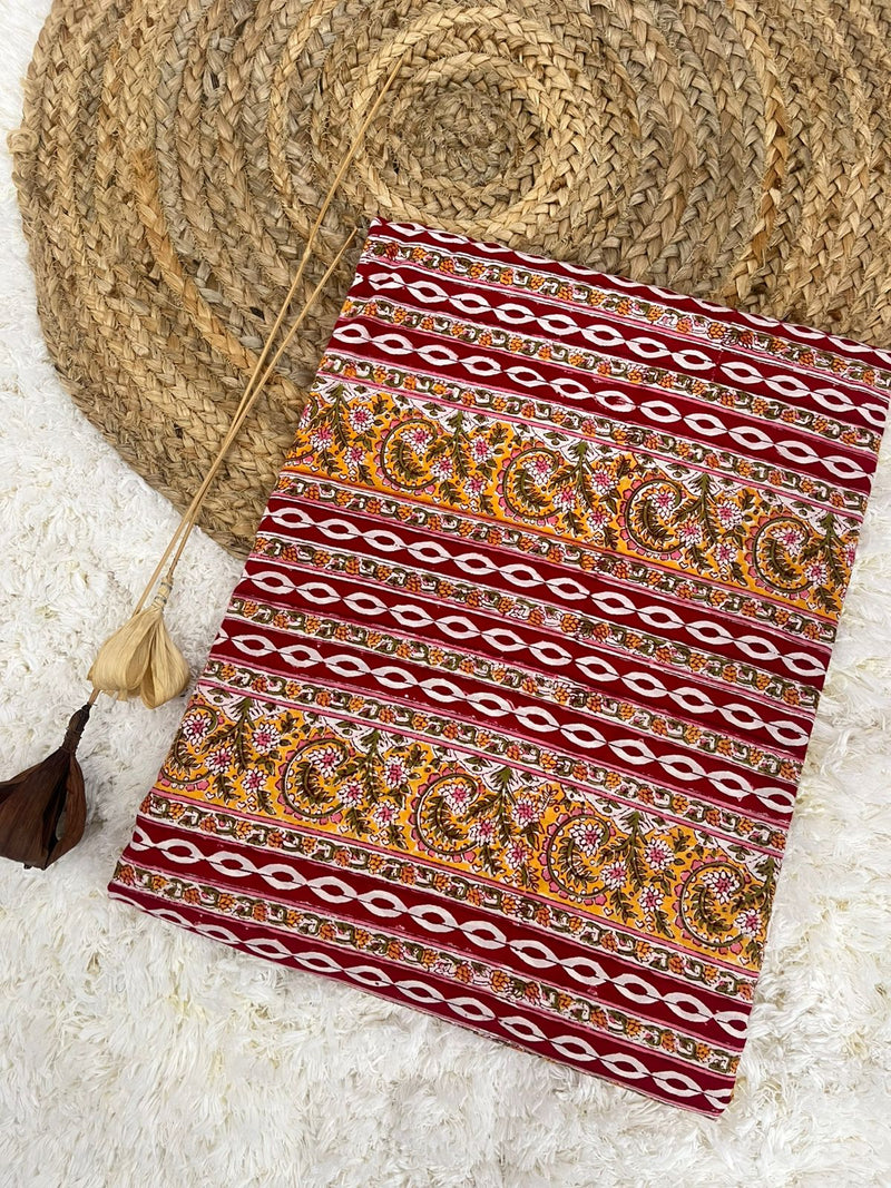 Rings red border handblock printed cotton fabric(WIDTH 42 INCHES)