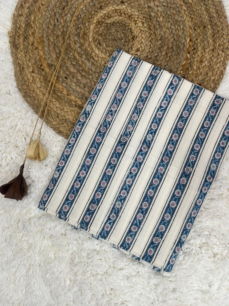 Denver blue border handblock printed cotton fabric(WIDTH 42 INCHES)