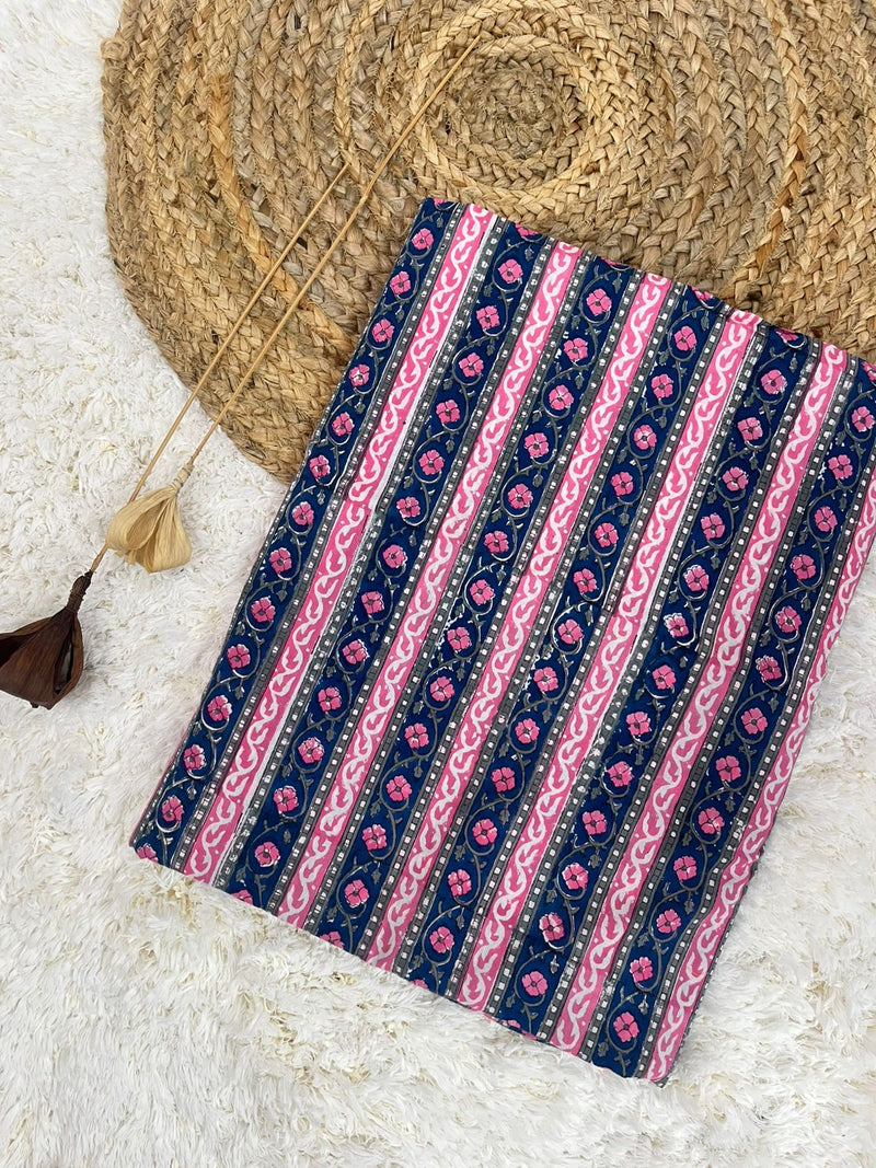 Vibrant blue border handblock printed cotton fabric