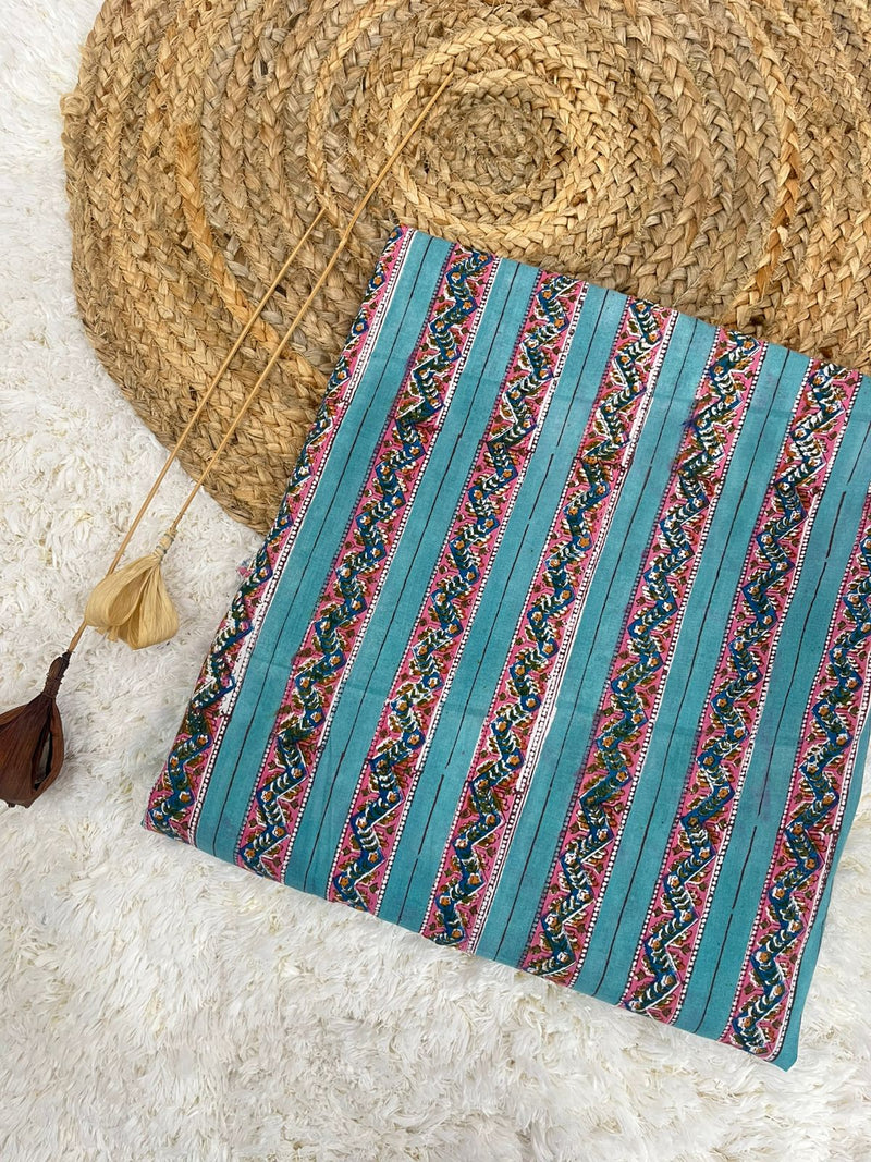 Preachy peach border handblock printed cotton fabric