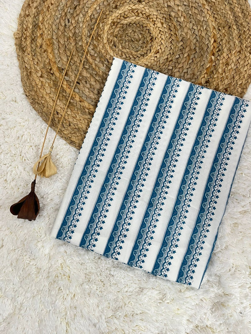Emily blue border handblock printed cotton fabric(WIDTH 42 INCHES)