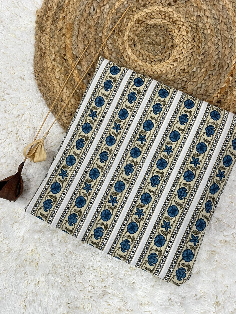 Flower blue border handblock printed cotton fabric(WIDTH 42 INCHES)