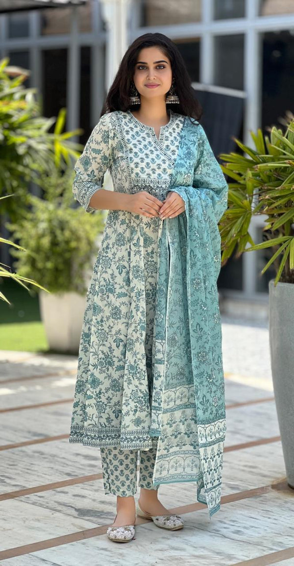 Meher Soft Turquoise Garden Cotton Suit Set With Cotton Dupatta