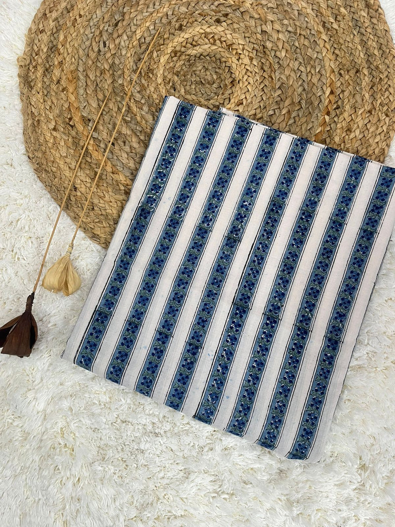 Bluey blue border handblock printed cotton fabric(IWDTH 42 INCHES)
