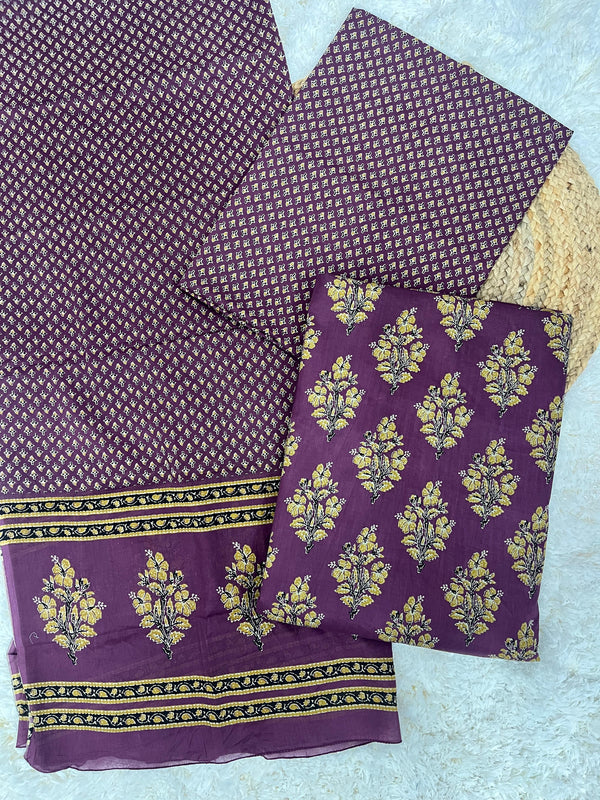 Phool Purple Handblock Printed Cotton Unstitched Suit Set