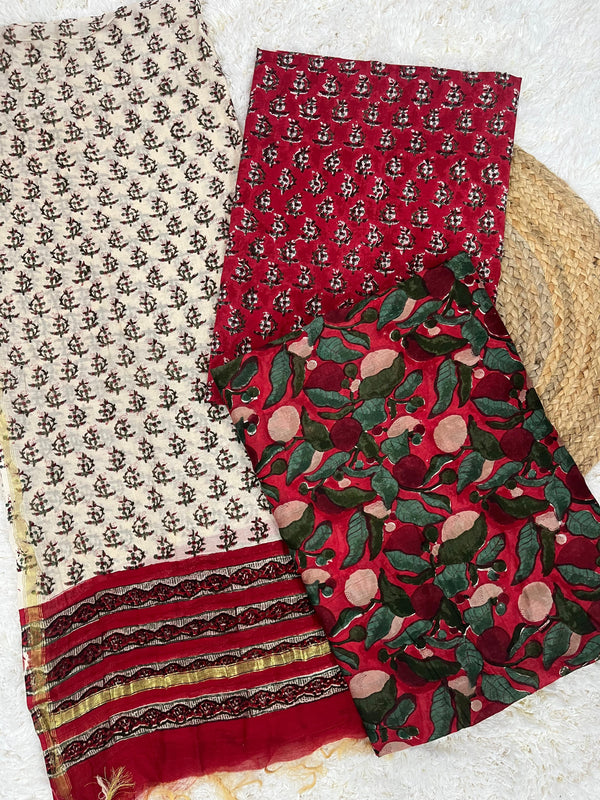 Sangria Red Handblock Printed Chanderi  Unstitched Suit Set With Chanderi Dupatta