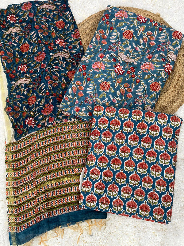Neel Garden Cotton Handblock Printed Unstitched Suit Set with Chanderi dupatta