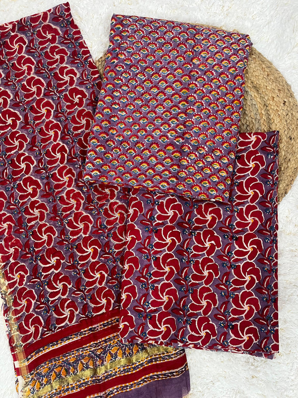 Isha Pure Handblock Unstitched Suit Set with Chanderi Silk Dupatta