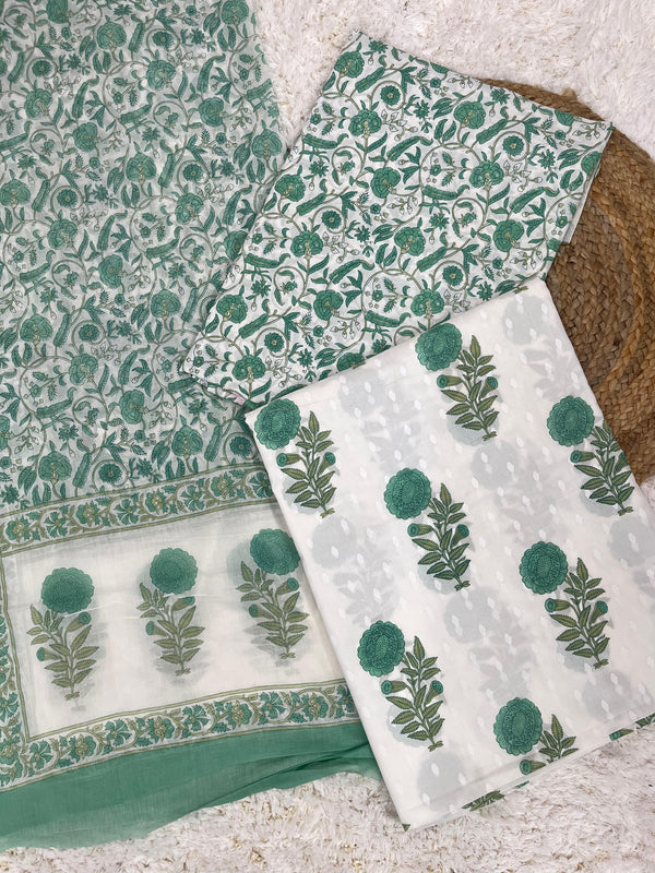 Flamingo green printed cotton unstitched suit set with cotton dupatta