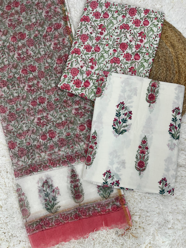 Lush white unstitched cotton handblock printed suit set fabric with kota doria dupatta