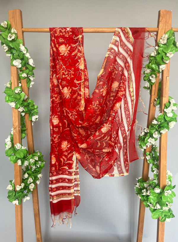 Ruhaani red handblock printed chanderi dupatta