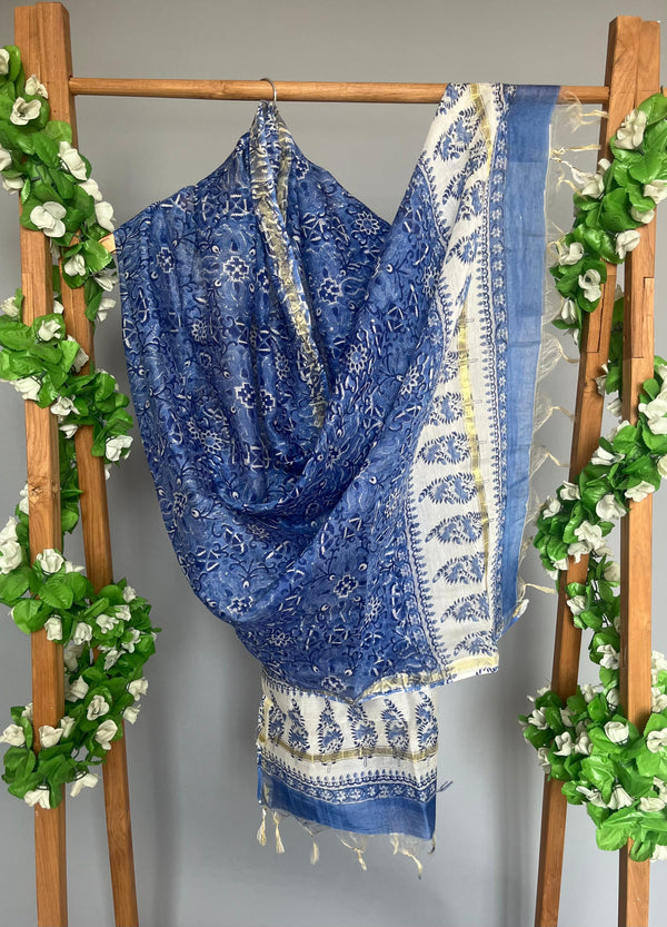 Rose blue handblock printed chanderi dupatta