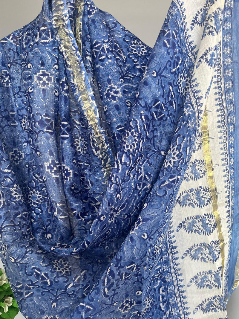 Rose blue handblock printed chanderi dupatta