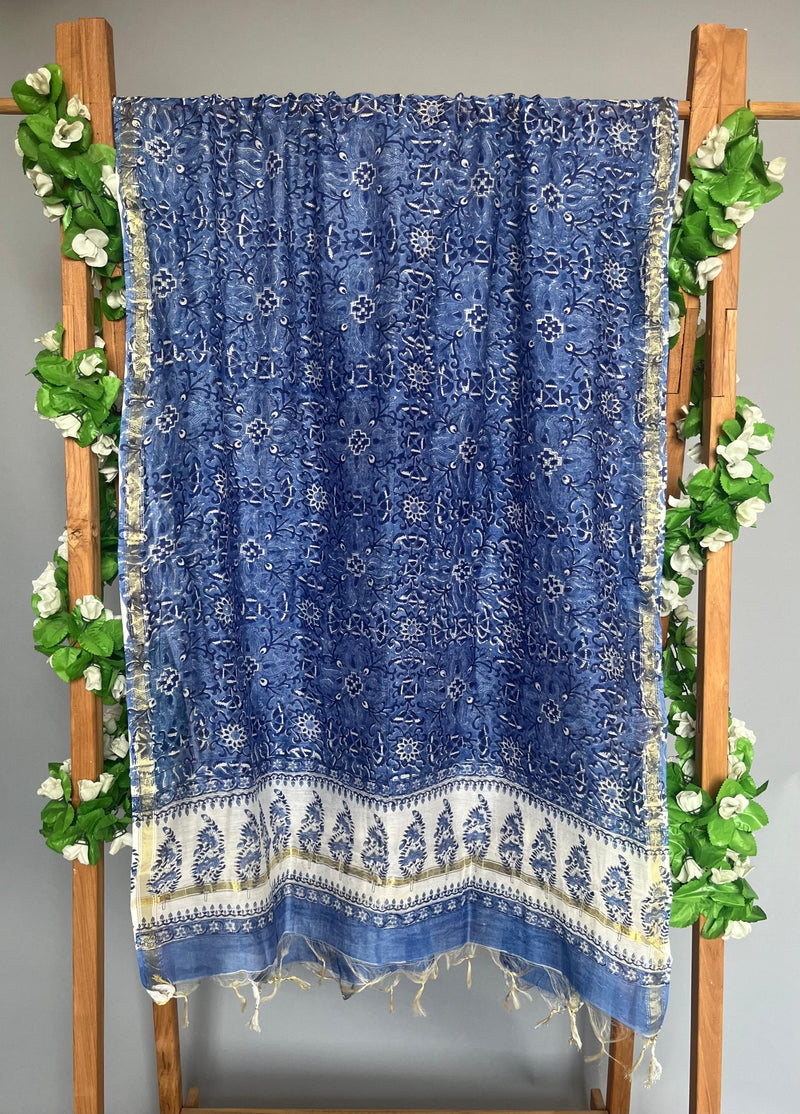 Rose blue handblock printed chanderi dupatta