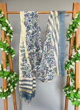 Iris blue handblock printed chanderi dupatta