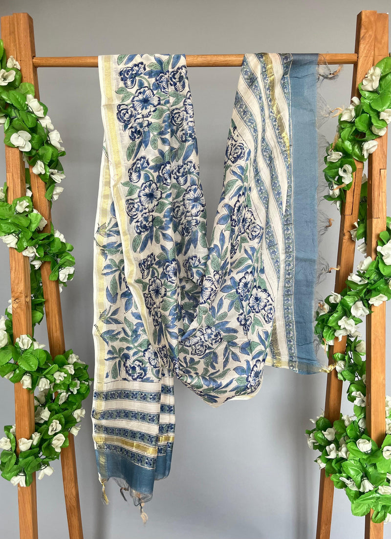 Iris blue handblock printed chanderi dupatta
