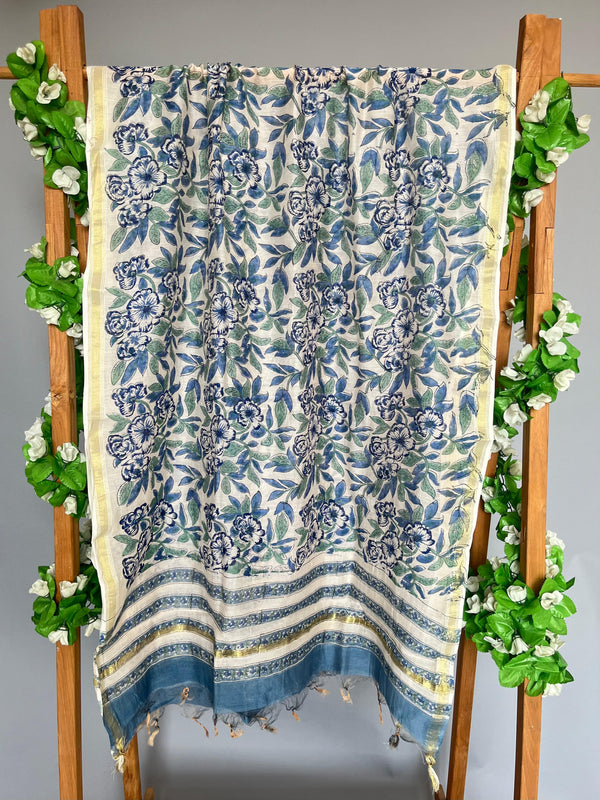 Iris blue handblock printed chanderi dupatta