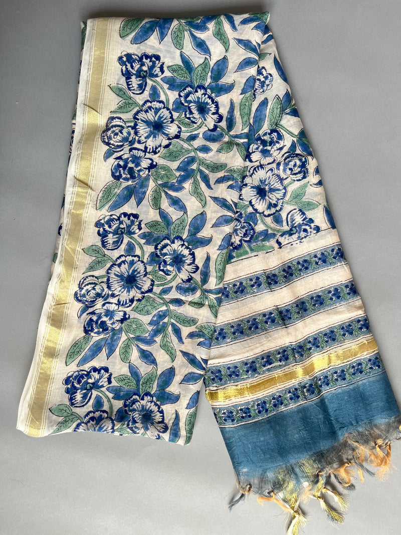 Iris blue handblock printed chanderi dupatta