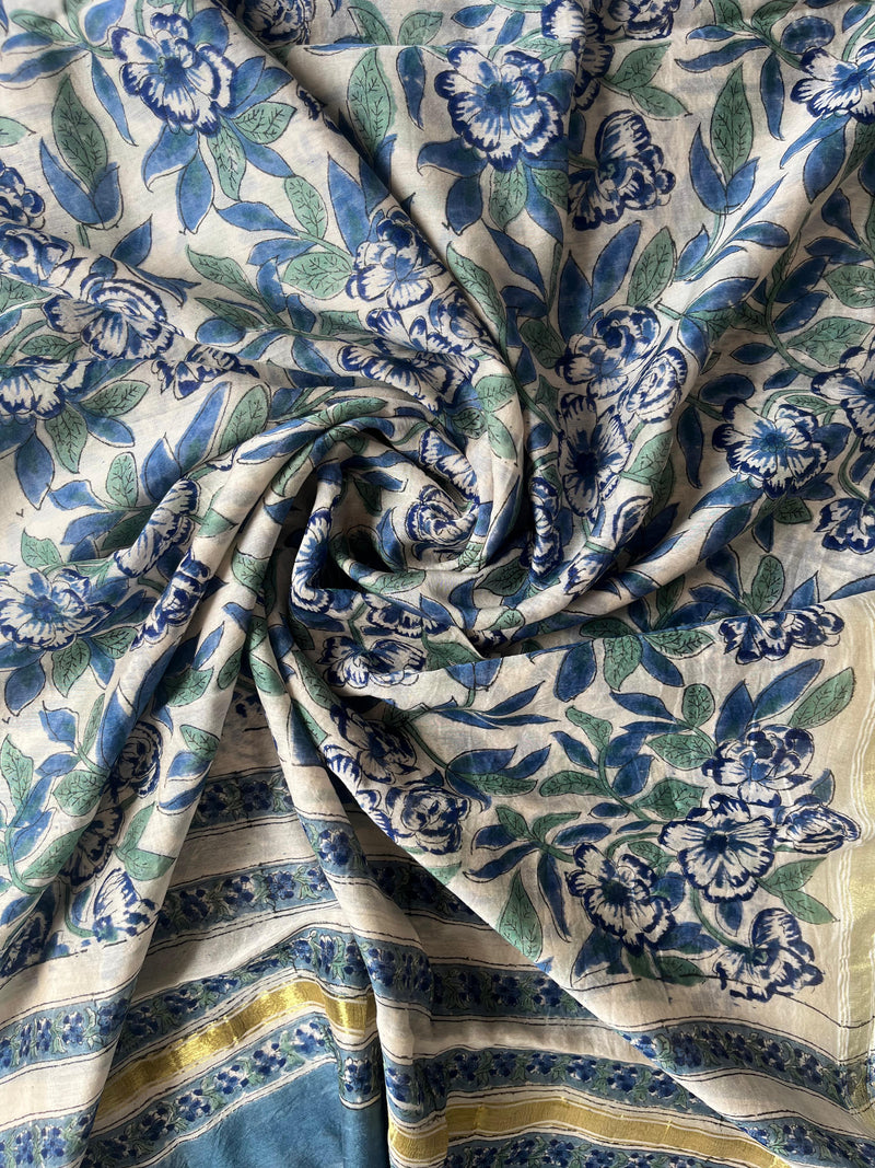 Iris blue handblock printed chanderi dupatta
