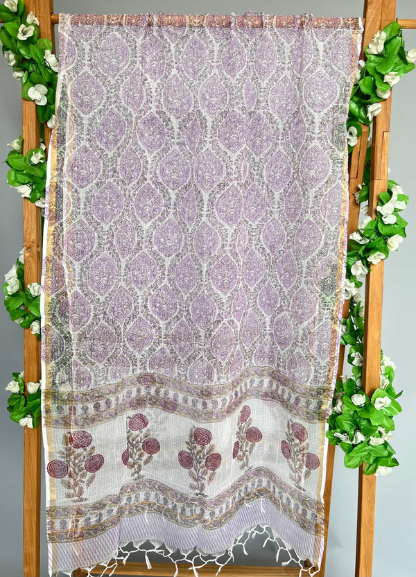 Phulwari grace lavender handblock printed kota doria dupatta