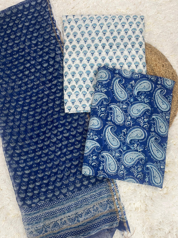 Desi phool blue handblock printed unstitched cotton suit set with kota doria dupatta