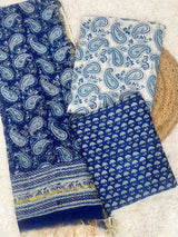 Mehak blue handblovk printed unstitched chanderi suit set with chanderi dupatta