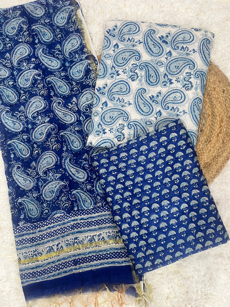 Mehak blue handblovk printed unstitched chanderi suit set with chanderi dupatta