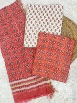 Ruby peach handblock printed unstitched chanderi suit set with chanderi dupatta
