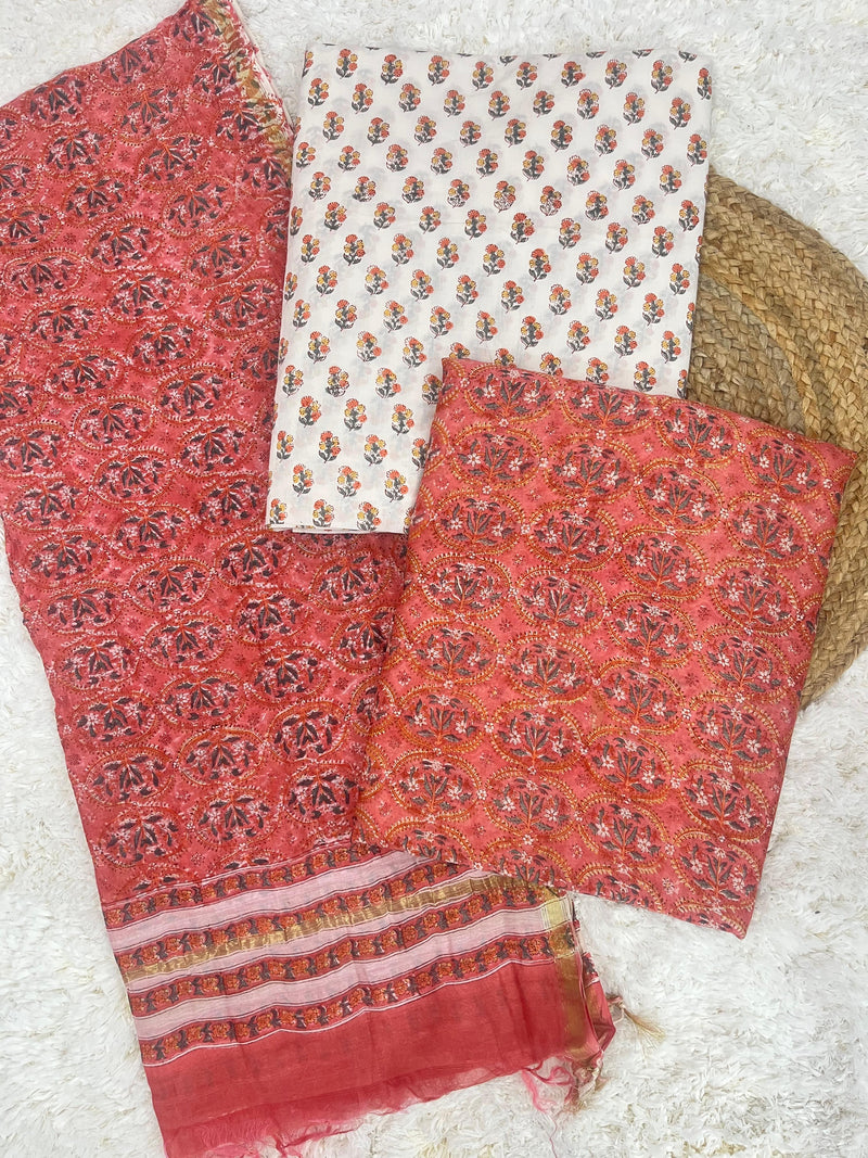 Ruby peach handblock printed unstitched chanderi suit set with chanderi dupatta