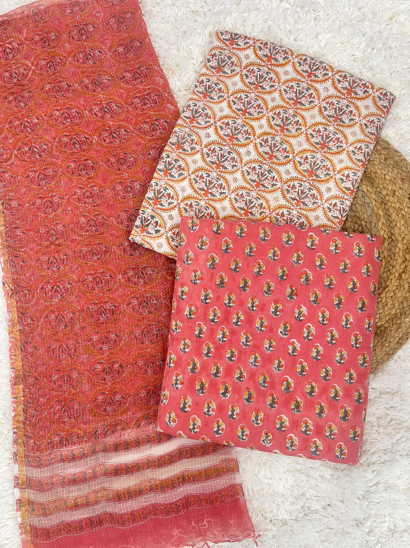 Ruby peach handblock printed unstitched cotton suit set with kota doriya dupatta