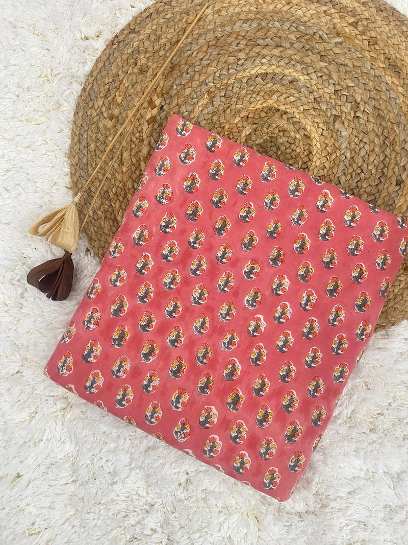 Sugna peach buti handblock printed cotton fabric(WIDTH 42 INCHES)