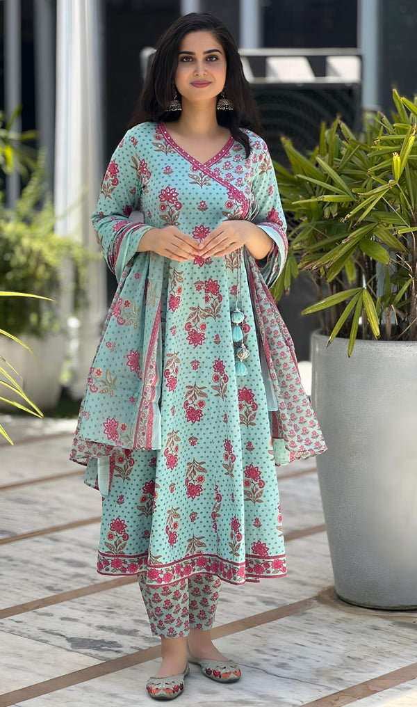 Alaya sky blue anarkali cotton suit set with cotton dupatta