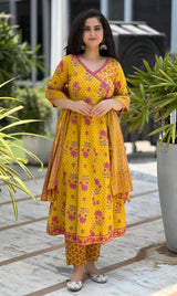 Alaya Yellow Anarkali Cotton Suit Set With Cotton Dupatta