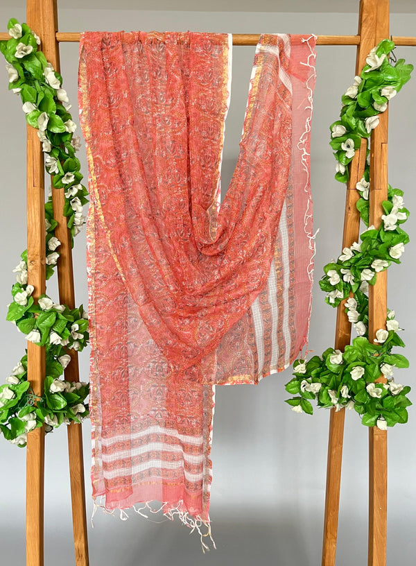 Sugna peach handblock printed kota doria dupatta