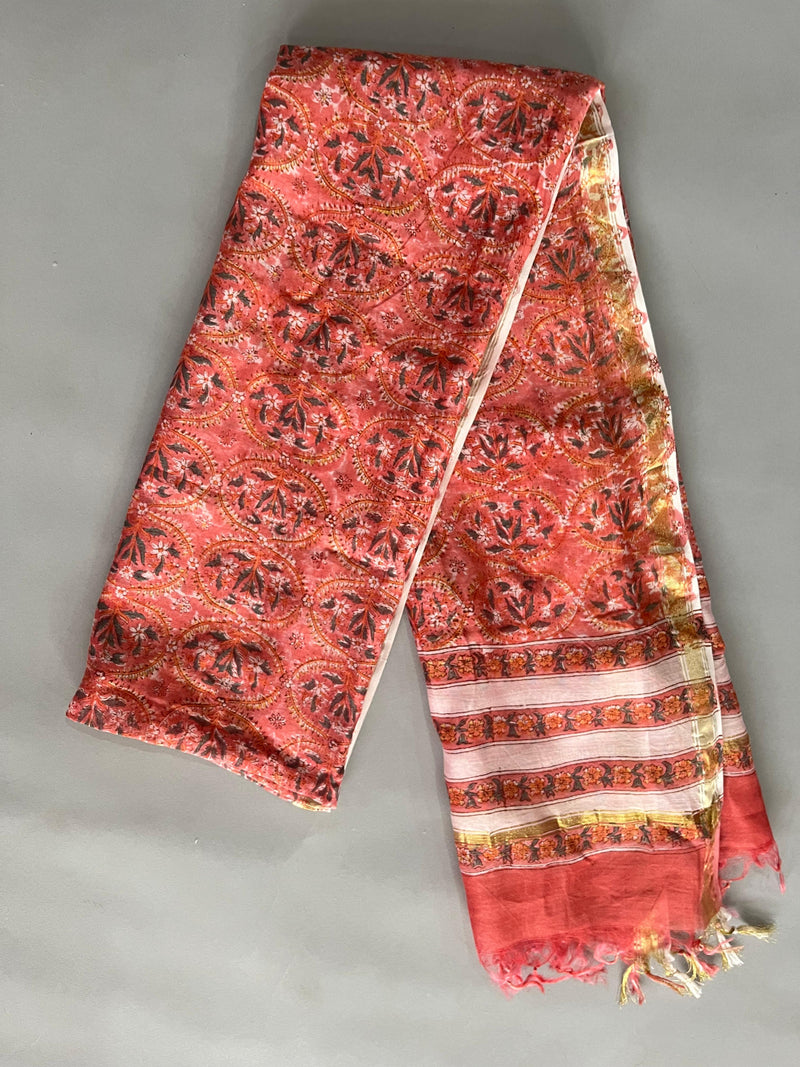 Sugna peach handblock printed chanderi dupatta