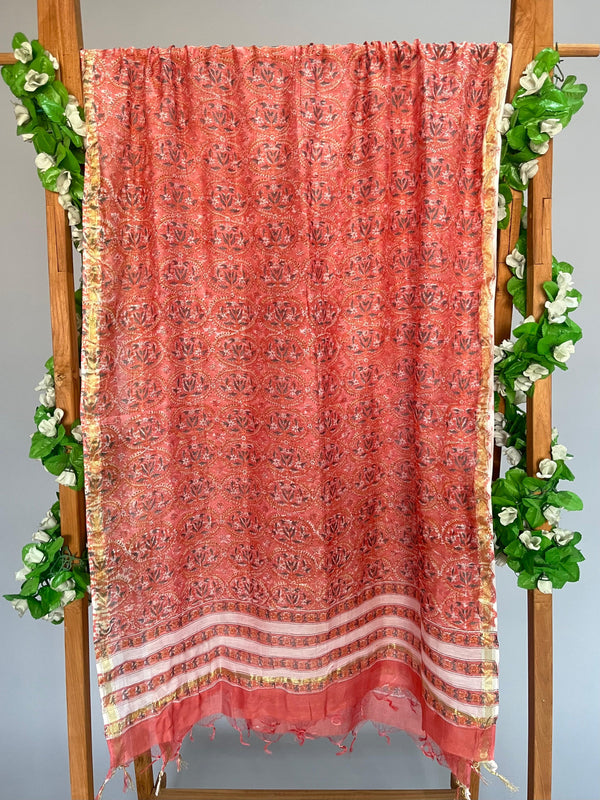 Sugna peach handblock printed chanderi dupatta