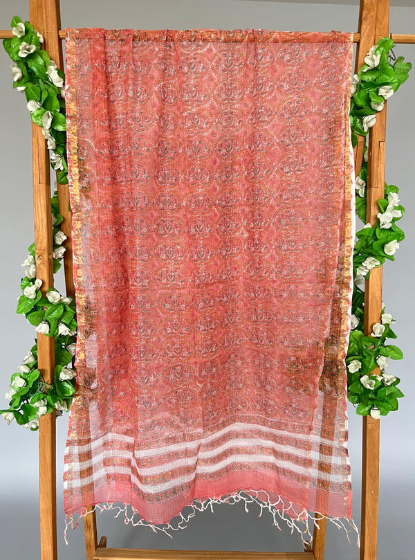 Sugna peach handblock printed kota doria dupatta