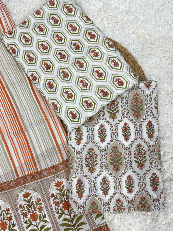 Iris white cotton unstitched suit set with kota doria dupatta