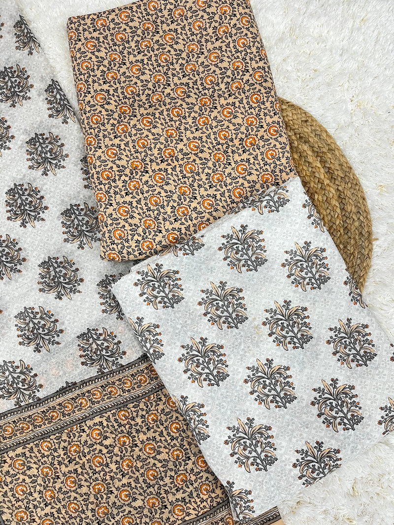 Gulzar white cotton unstitched suit set with cotton dupatta