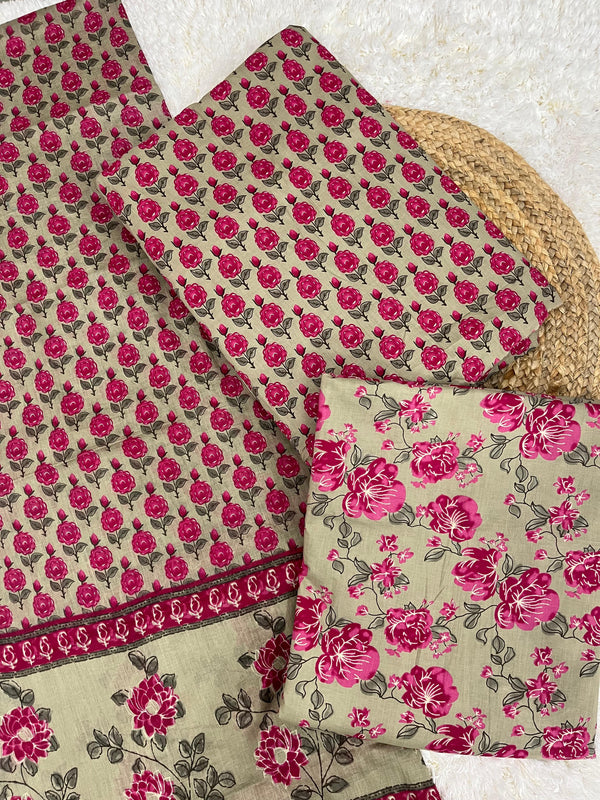 Floret olive green cotton unstitched suit set with cotton dupatta