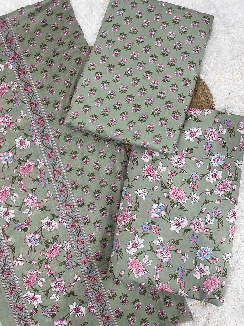 Juhi green printed unstitched cotton suit set with cotton dupatta