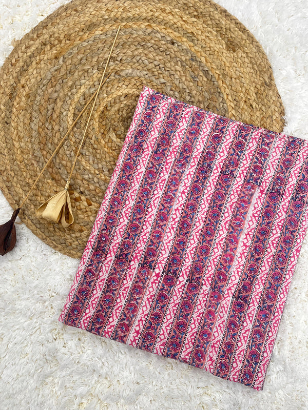 Peri pink handblock printed cotton border fabric(WDTH 42 INCHES)